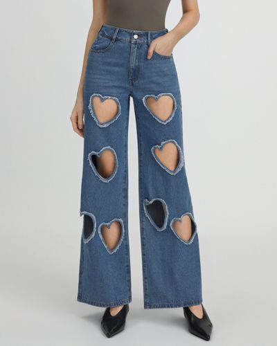 Jean en Denim Sophia avec Découpe en Forme de Cœur Ornée - Bleu Moyen - JW PEI - Modalova