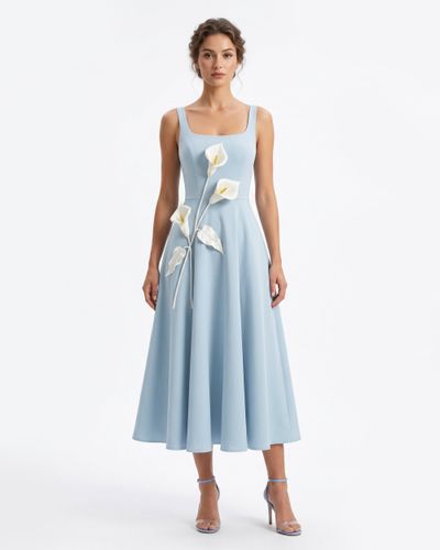 Robe midi à encolure carrée et appliqués floraux - Bleu clair - JW PEI - Modalova