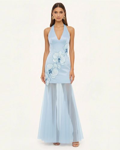 Orchid Robe Longue Plissée Broderie Bords Effilochés Dos Nu - Bleu Clair - JW PEI - Modalova