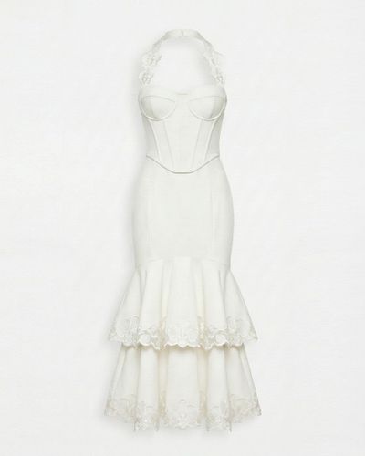 Robe mi-longue corset dos nu à broderies d'orchidées - Blanc - JW PEI - Modalova