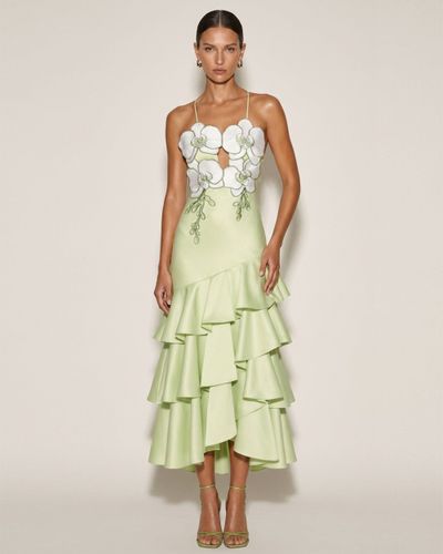 Robe mi-longue à volants ornée d'orchidées - Vert clair - JW PEI - Modalova