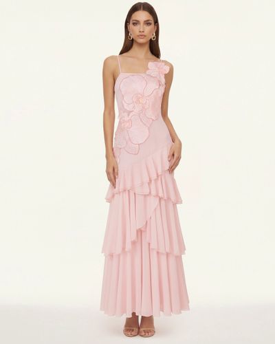 Robe longue asymétrique à volants brodée d'orchidées - Rose poudré - JW PEI - Modalova