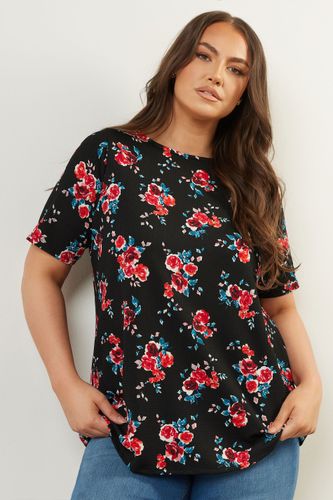 Top Noir & Rouge Texturé Floral Manches Courtes Size 46 - Yours - Modalova