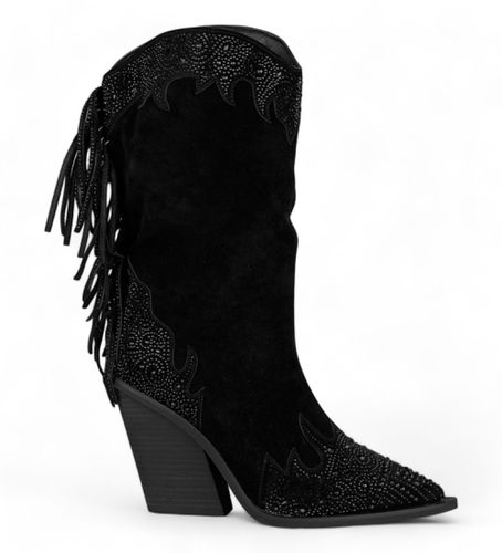 I23320 Bottes en cuir avec franges et strass noirs (36), 8 à 10 cm, Aucun, Casuel - Alma en pena - Modalova