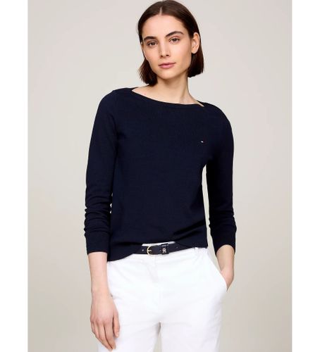 Til kvinder. WW0WW42050 Navy strikket trøje med bådhals (L), Casual, Lange ærmer, Økologisk bomuld, Bæredygtig - Tommy Hilfiger - Modalova
