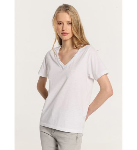 Til kvinder. 422652498 Kortærmet basis-T-shirt med dobbelt V-udskæring og ribkrave (XS), Casual, Bomuld, Korte ærmer - Lois Jeans - Modalova