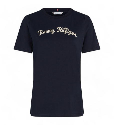 Til kvinder. WW0WW42589 T-shirt med logo i navy broderet skrifttype Script (XS), Casual, Bomuld, Korte ærmer, Blå - Tommy Hilfiger - Modalova