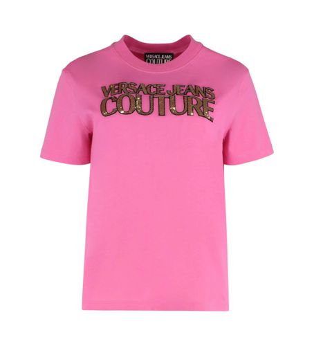 Til kvinder. 78HAHE02-CJ00E Institutionel T-shirt Logo med lyserøde krystaller (XS), Casual, , Bomuld, Korte ærmer - Versace Jeans Couture - Modalova