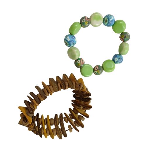 Lot de 2 bracelets élastique en bois et céramique/pâte polymère - Label Emmaus - Modalova