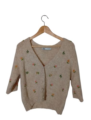 Gilet En Maille Duveteuse À Fleurs Brodées M (T5789) - Zara - Modalova