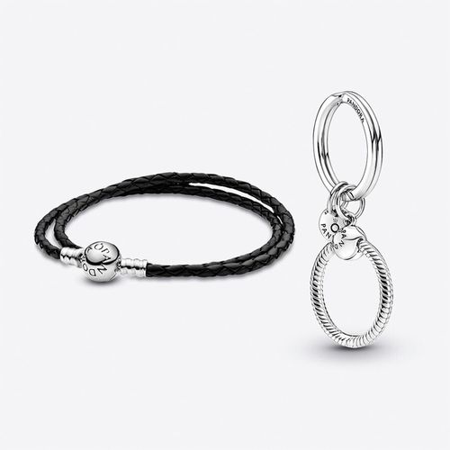 Coffret Cadeaux Double Bracelet en Cuir Noir et Porte-Clés à Charms Moments - Pandora - Modalova