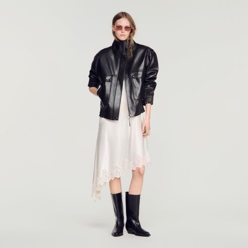 Blouson oversize en cuir col montant - Sandro Paris - Modalova
