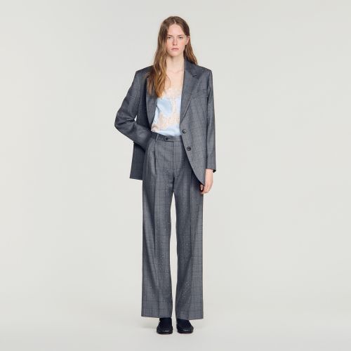 Pantalon à carreaux strassé laine - Sandro Paris - Modalova