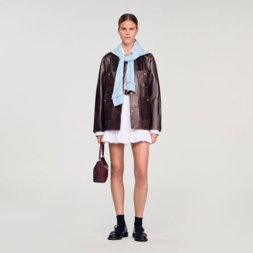 Blouson long en cuir vieilli - Sandro Paris - Modalova