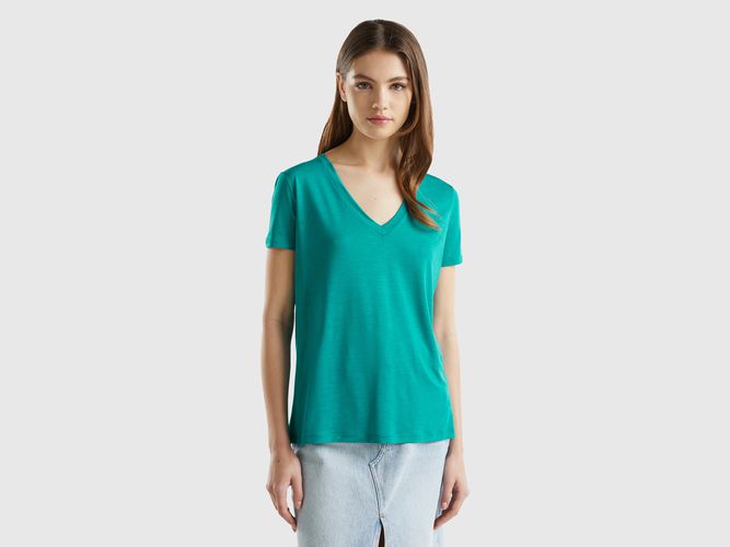 Benetton, T-shirt Scollo A V In Viscosa Sostenibile, taglia XS, Verde Ottanio, Donna - United Colors of Benetton - Modalova