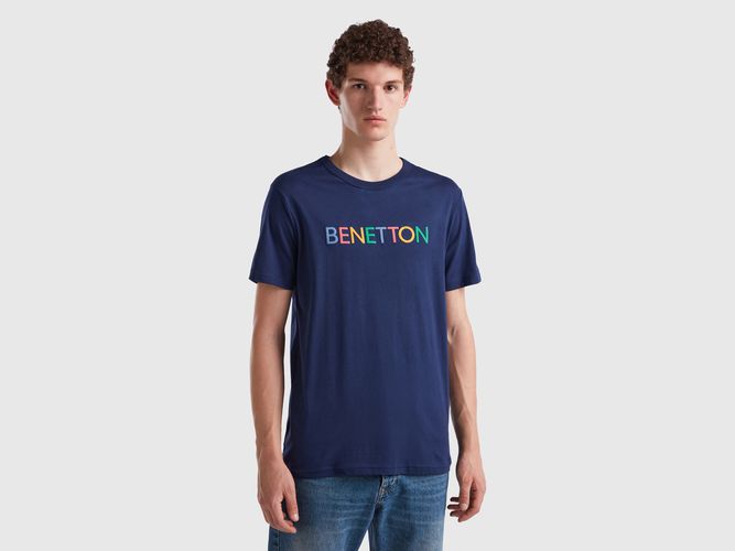 Benetton, T-shirt Blu Scuro In Cotone Bio Con Logo Multicolor, taglia XL, Blu Scuro, Uomo - United Colors of Benetton - Modalova