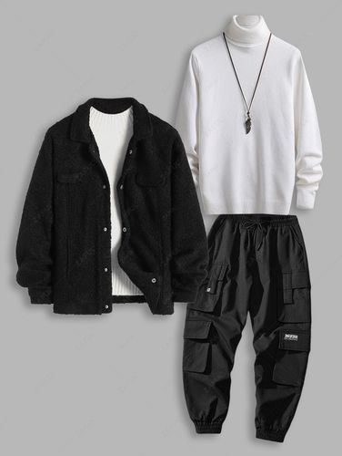 Pices Ensemble de Pull de Base Fourr en Couleur Unie Col Roul Veste Polaire Boutonne avec et Pantalon de Jogging Cargo Taille unique - Zaful FR - Modalova