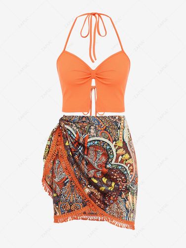 Ensemble de Top Court Volant Col Halter et de Mini Jupe Fleurie Bohémienne à Ourlet Tulipe - ZAFUL - Modalova