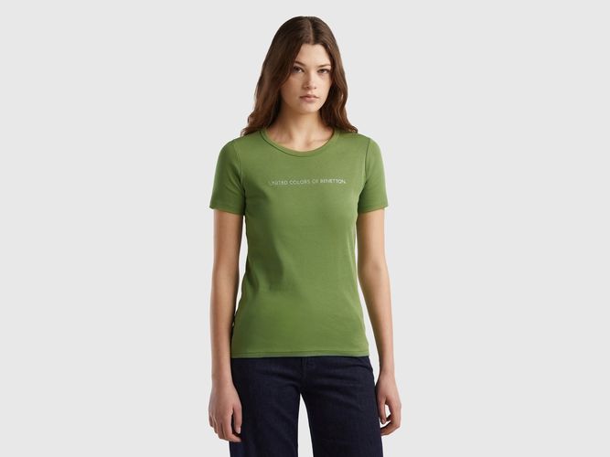 Benetton, T-shirt 100% Cotone Con Stampa Logo Glitter, taglia S, Verde Militare, Donna - United Colors of Benetton - Modalova