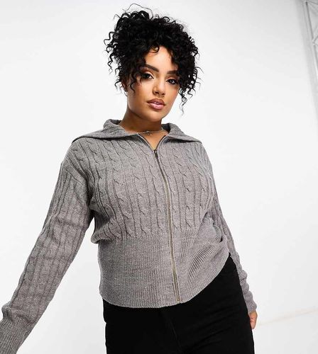 Plus - Pull zippé oversize en maille torsadée - Gris chiné - Collusion - Modalova