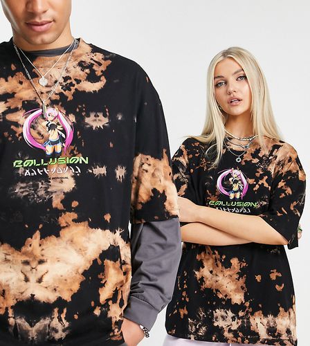 Unisex - T-shirt oversize effet tie-dye à imprimé personnage - Collusion - Modalova
