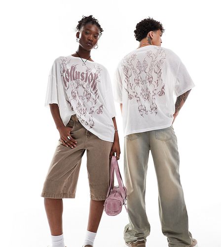 Unisex - T-shirt oversize en tulle à imprimé rose - Blanc - Collusion - Modalova