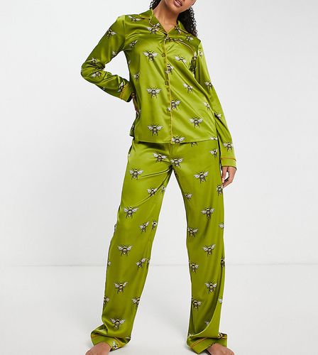 Premium - Pyjama avec haut boutonné et pantalon en satin à imprimé abeilles - Olive - Chelsea Peers Tall - Modalova
