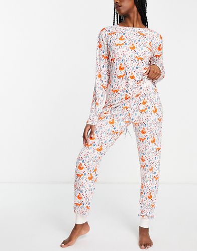 Ensemble de pyjama long à imprimé renard et fleurs - Crème - Chelsea Peers - Modalova