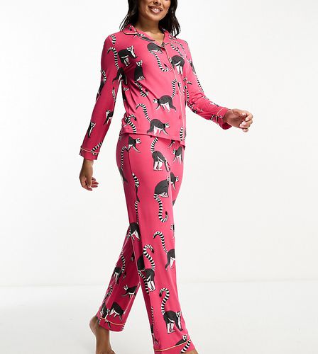 Exclusivité - Pyjama en jersey avec top boutonné et pantalon à imprimé lémuriens - vif - Chelsea Peers - Modalova