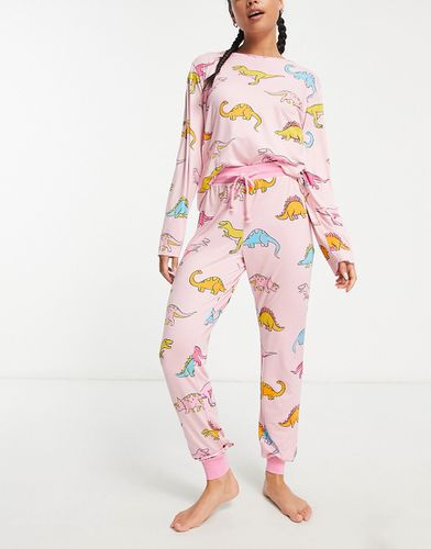 Pyjama à imprimé dinosaures avec top manches longues et pantalon resserré aux chevilles - /bleu - Chelsea Peers - Modalova