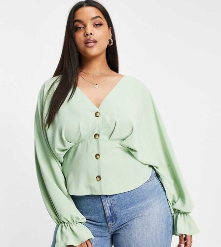 Curve - Blouse rétro boutonnée sur le devant à manches longues et plis - pistache - Asos Design - Modalova