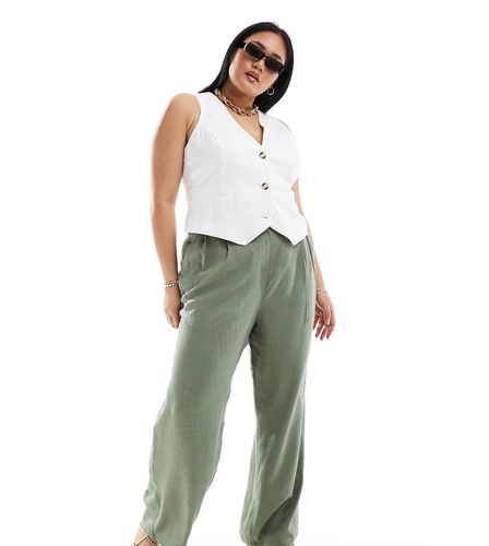 ASOS DESIGN Curve - Pantalon ajusté ample en lin avec taille haute et surpiqûres - Kaki - Asos Curve - Modalova