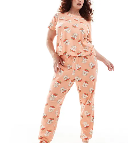 ASOS DESIGN Curve - Pyjama avec t-shirt et pantalon resserré aux cheville avec imprimé chien cavachon et fraise - Asos Curve - Modalova