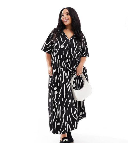 ASOS DESIGN Curve - Robe babydoll mi-longue en sergé imprimé flou avec fermeture boutonnée et col - Noir et blanc - Asos Curve - Modalova