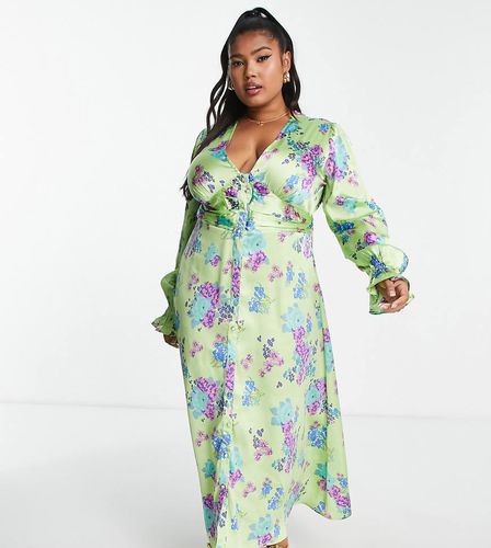 ASOS DESIGN Curve - Robe boutonnée mi-longue en satin à imprimé fleuri - Vert - Asos Curve - Modalova