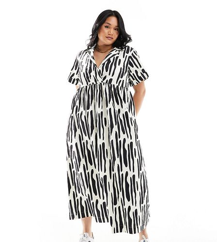 ASOS DESIGN Curve - Robe chemise mi-longue à smocks avec col à revers et imprimé abstrait - Noir et blanc - Asos Curve - Modalova