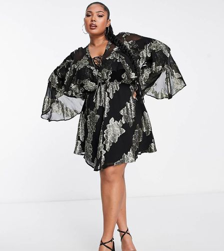 ASOS DESIGN Curve - Robe courte à volants et motifs métallisés avec encolure nouée - Noir - Asos Curve - Modalova