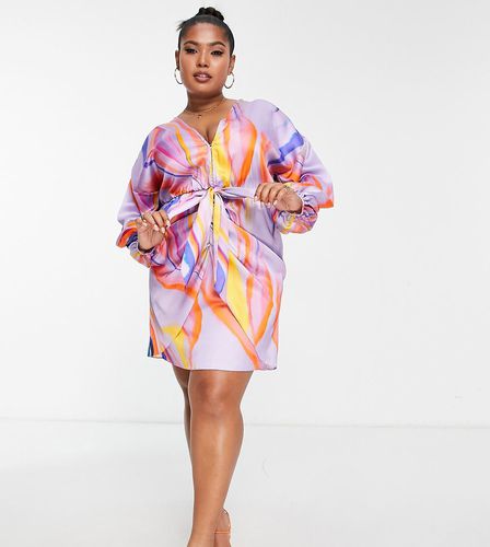 ASOS DESIGN Curve - Robe courte nouée sur le devant à décolleté plongeant et imprimé marbré - Violet - Asos Curve - Modalova