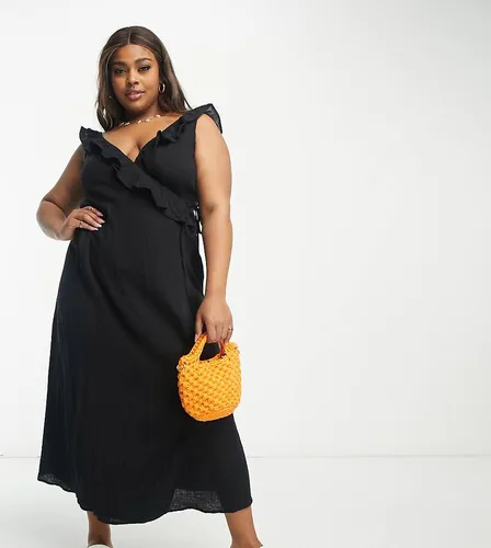 ASOS DESIGN Curve - Robe d'été portefeuille mi-longue avec volants fantaisie - Noir - Asos Curve - Modalova