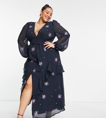 ASOS DESIGN Curve - Robe mi-longue boutonnée avec taille froncée et broderies - Anthracite et violet - Asos Curve - Modalova