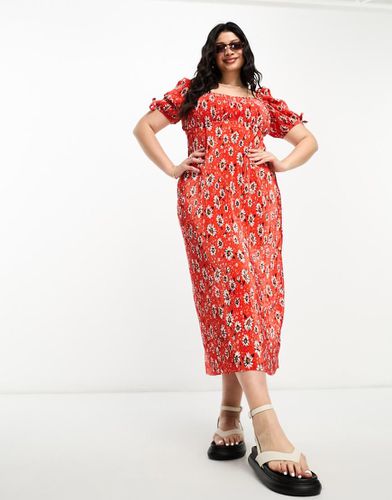 ASOS DESIGN Curve - Robe plissée mi-longue à imprimé marguerites avec manches bouffantes et encolure carrée - Asos Curve - Modalova