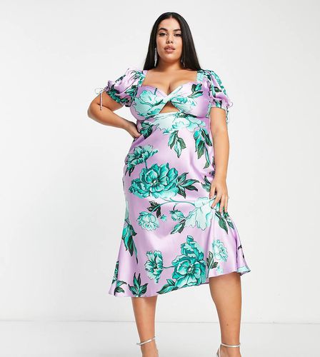 ASOS DESIGN Curve - Robe rétro mi-longue en satin torsadée devant avec imprimé fleurs - Lilas et vert - Asos Curve - Modalova