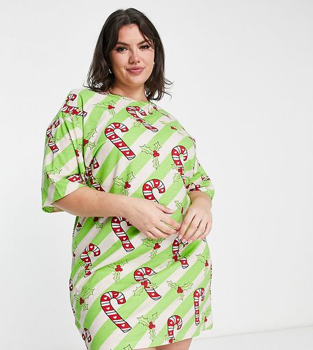 ASOS DESIGN Curve - T-shirt de pyjama de Noël à rayures et motif sucre d'orge - Vert et crème - Asos Curve - Modalova