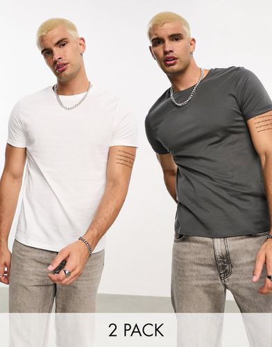 Lot de 2 t-shirts à manches retroussées - Blanc et gris - Asos Design - Modalova