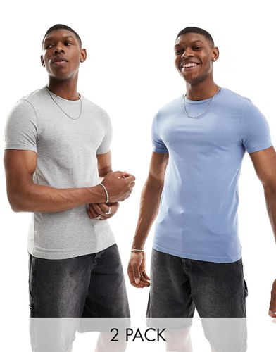 Lot de 2 t-shirts moulants - Bleu moyen/gris chiné - Asos Design - Modalova