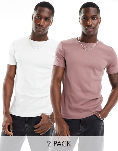 Lot de 2 t-shirts moulants côtelés - Rose et blanc - Asos Design - Modalova
