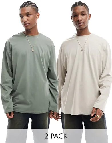 Lot de 2 t-shirts oversize à manches longues - Kaki et taupe - Asos Design - Modalova