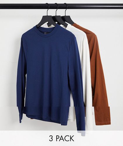 Lot de 3 t-shirts ras de cou à manches longues - Bleu marine, crème et marron - Asos Design - Modalova