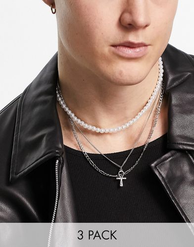 Lot de 3 colliers avec perles fantaisie 6 mm et pendentif croix de vie - Asos Design - Modalova