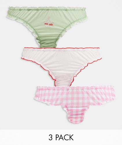 Lot de 3 strings en tulle froncé - Rose/carreaux vichy/menthe - Asos Design - Modalova